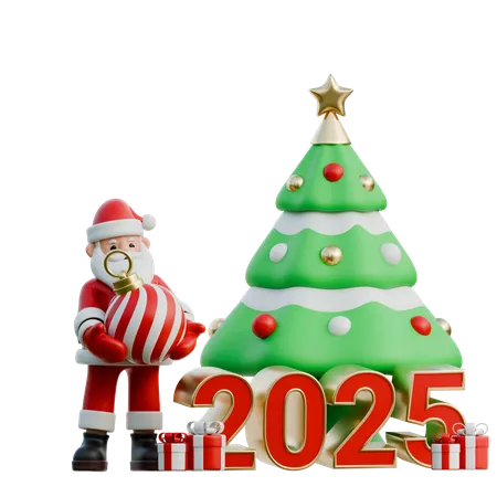 Papai Noel Decorando 2025 Com Uma Pequena Árvore  3D Illustration