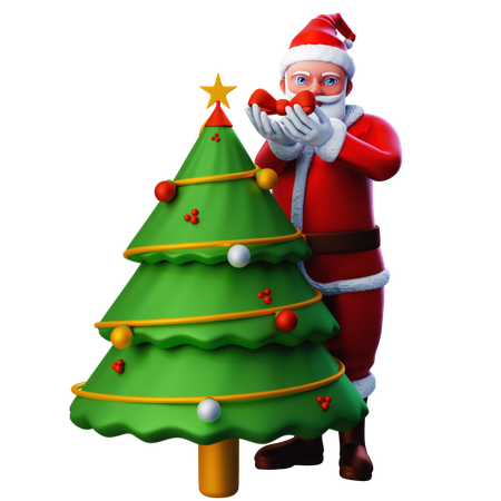 Papai Noel decorando árvore de Natal com laço de fita  3D Illustration