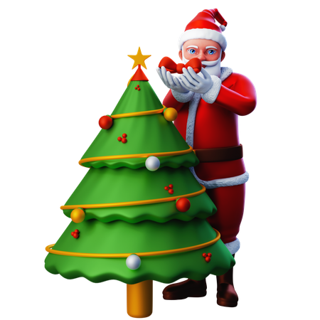 Papai Noel decorando árvore de Natal com laço de fita  3D Icon