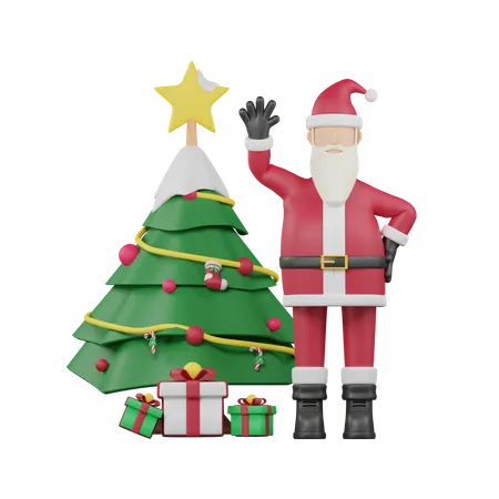 Papai noel e árvore de natal  3D Illustration