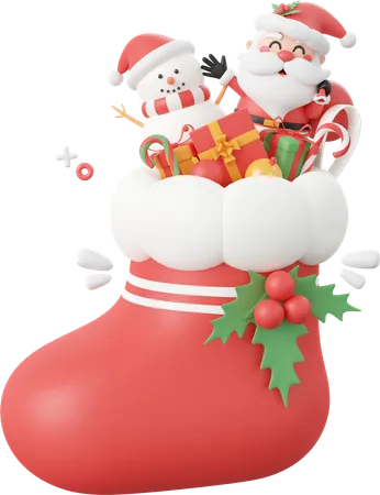 Papai Noel e boneco de neve com enfeites em meia de Natal  3D Icon