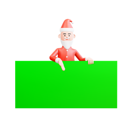 Papai Noel em pé atrás da grande bandeira verde e mostrando algo  3D Illustration