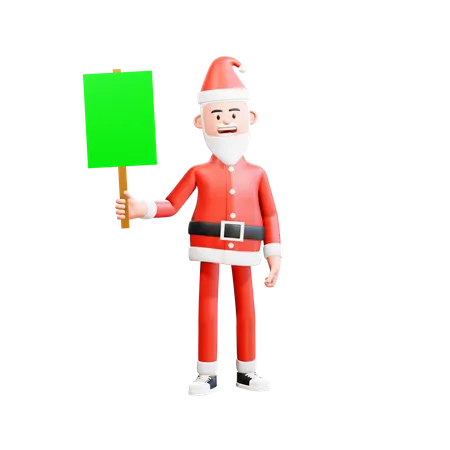 Papai Noel em pé casualmente segurando um cartaz de papel verde com a mão direita  3D Illustration