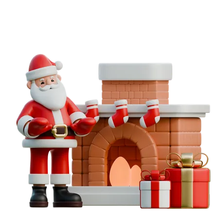 Papai Noel em pé perto da lareira  3D Illustration