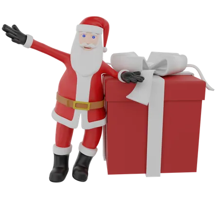 Papai Noel empurra um grande presente para presente de Natal  3D Illustration