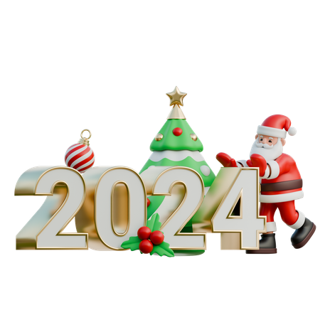 Papai Noel empurrando 2024 para o lado  3D Illustration