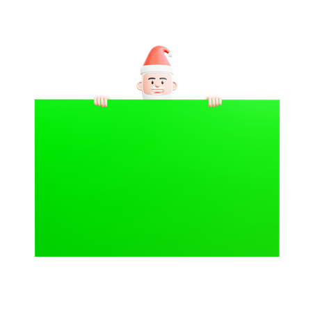 Papai Noel espiando por trás de uma grande tela verde, apenas sua cabeça e mãos podem ser vistas  3D Illustration