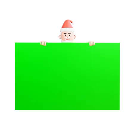 Papai Noel espiando por trás de uma grande tela verde, apenas sua cabeça e mãos podem ser vistas  3D Illustration