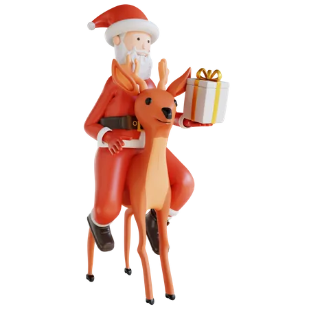 Papai Noel montando um cervo e uma caixa de presente  3D Illustration