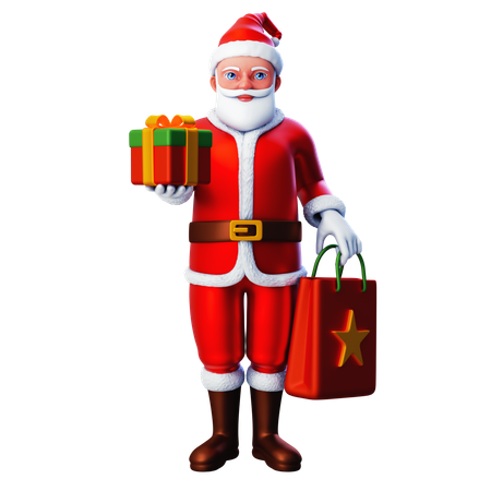 Papai Noel mostrando caixa de presente de Natal e sacola de compras  3D Illustration