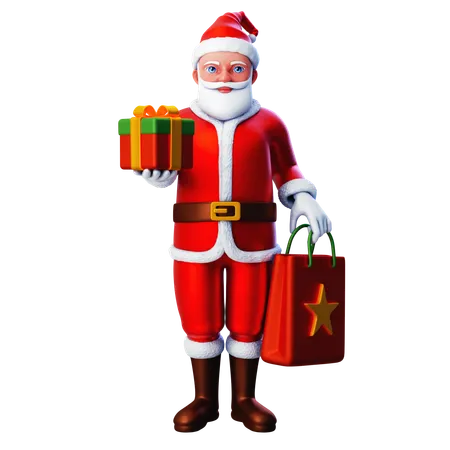 Papai Noel mostrando caixa de presente de Natal e sacola de compras  3D Illustration