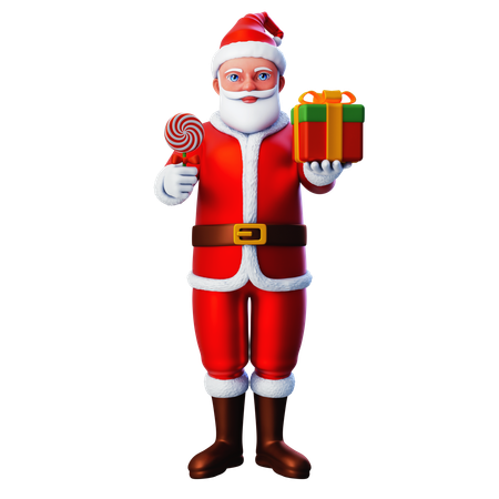 Papai Noel mostrando caixa de presente de Natal e segurando pirulito  3D Illustration