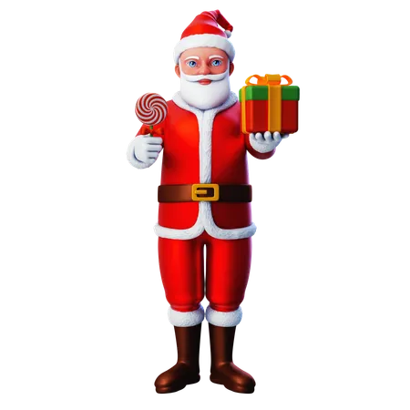 Papai Noel mostrando caixa de presente de Natal e segurando pirulito  3D Illustration