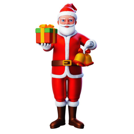 Papai Noel mostrando caixa de presente de Natal e sino de Natal  3D Illustration