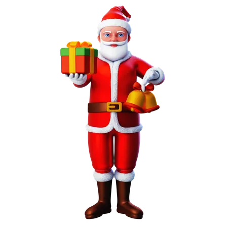 Papai Noel mostrando caixa de presente de Natal e sino de Natal  3D Illustration