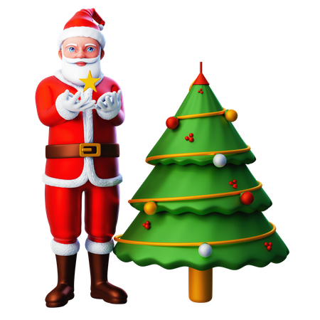 Papai Noel mostrando decoração de estrela na árvore de Natal  3D Icon