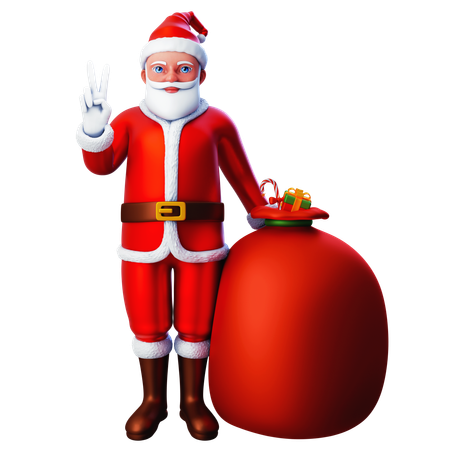 Papai Noel mostrando gesto de paz com sacola de presente  3D Icon