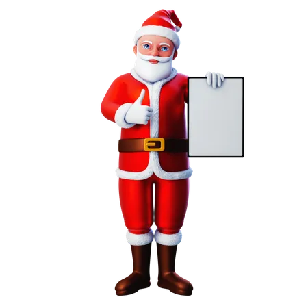 Papai Noel mostrando o polegar para cima com um tablet vertical branco  3D Illustration