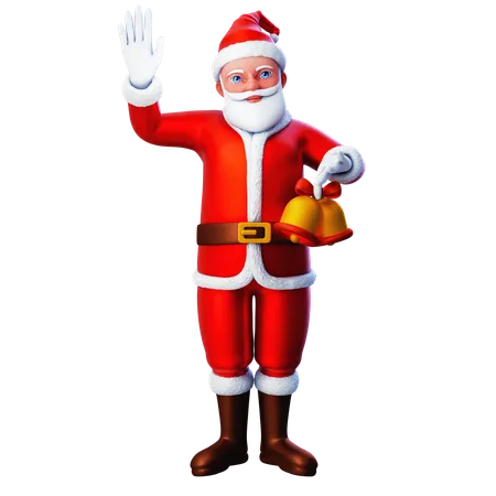 Papai Noel mostrando sinos de Natal e levantando a mão esquerda  3D Illustration