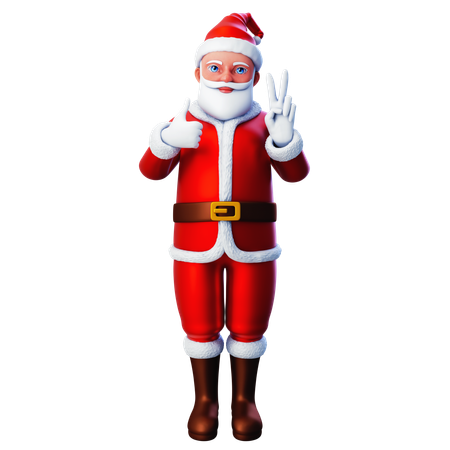 Papai Noel mostrando gesto de paz com a mão e polegar para cima  3D Illustration