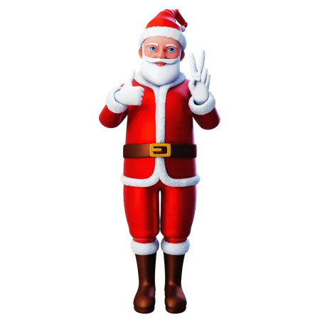 Papai Noel mostrando gesto de paz com a mão e polegar para cima  3D Illustration