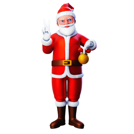 Papai Noel mostrando gesto de paz com a mão segurando uma bola de Natal  3D Illustration