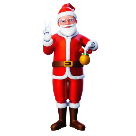 Papai Noel mostrando gesto de paz com a mão segurando uma bola de Natal  3D Illustration