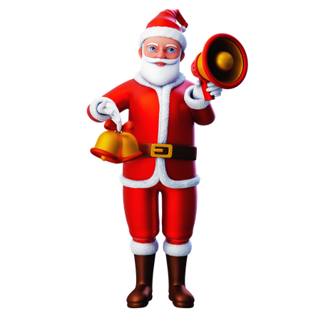 Papai Noel mostrando sino de Natal e alto-falante  3D Illustration