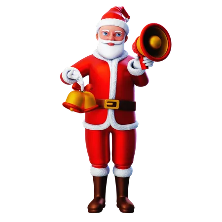 Papai Noel mostrando sino de Natal e alto-falante  3D Illustration