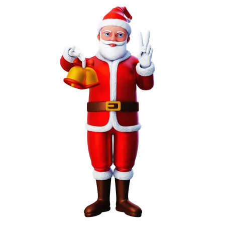 Papai Noel mostrando sinos de Natal e fazendo gesto de paz  3D Illustration