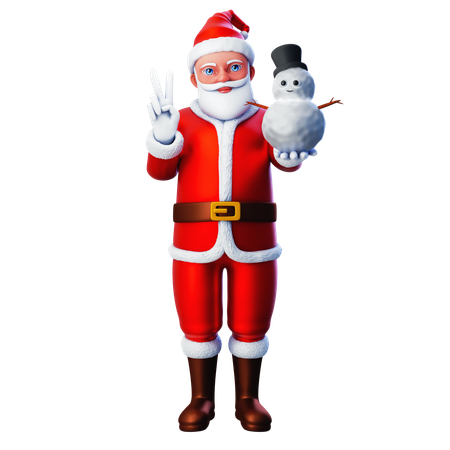 Papai Noel posando com a mão da paz com o boneco de neve  3D Illustration