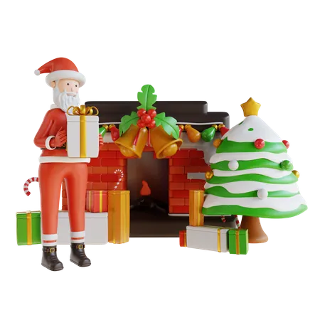 Papai Noel segurando uma caixa de presente e fazendo decoração de Natal  3D Illustration