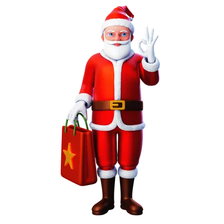 Papai Noel segurando uma sacola de compras e mostrando um gesto com a mão ok  3D Illustration