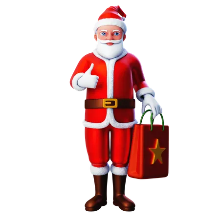 Papai Noel segurando uma sacola de compras e mostrando o polegar para cima  3D Illustration