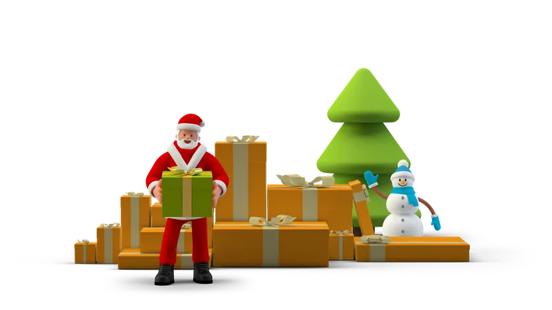 Papai Noel segurando caixas de presente para o Natal  3D Illustration