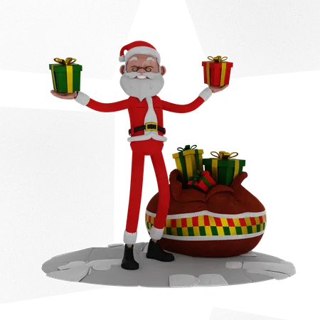 Papai Noel segurando dois presentes  3D Illustration