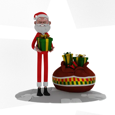 Papai Noel segurando presente  3D Illustration