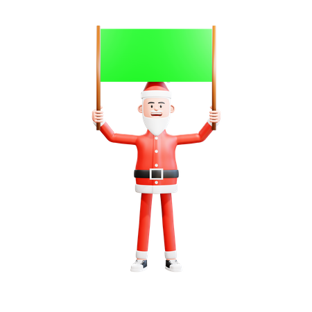 Papai Noel segurando um cartaz verde com as duas mãos  3D Illustration