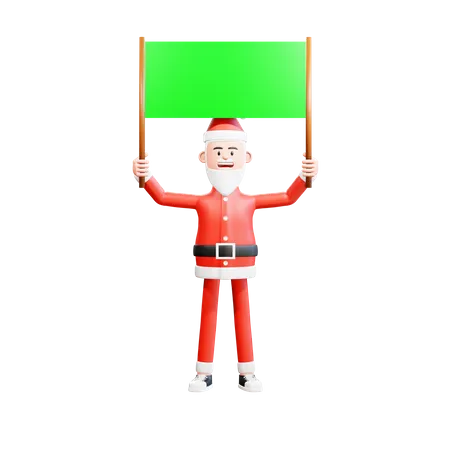 Papai Noel segurando um cartaz verde com as duas mãos  3D Illustration