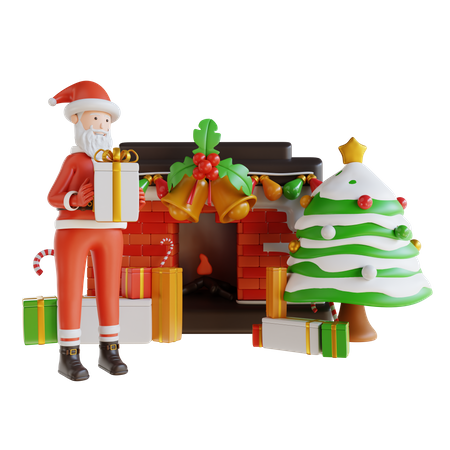 Papai Noel segurando uma caixa de presente e fazendo decoração de Natal  3D Icon