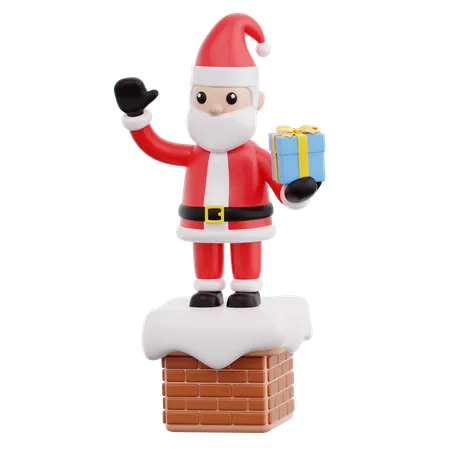 Papai Noel segurando uma caixa de presente na chaminé  3D Icon