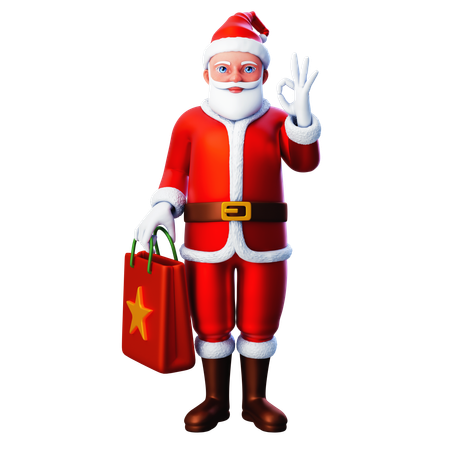 Papai Noel segurando uma sacola de compras e mostrando um gesto com a mão ok  3D Icon