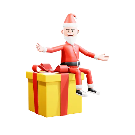 Papai Noel sentado alegremente em um grande presente de Natal  3D Illustration