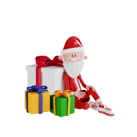 Papai Noel sentado ao lado do presente  3D Illustration