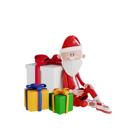 Papai Noel sentado ao lado do presente  3D Illustration