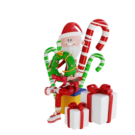 Papai Noel sentado na caixa de presente  3D Illustration