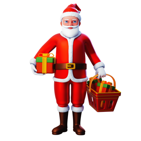 Papai Noel traz caixa de presente e balde de compras  3D Illustration