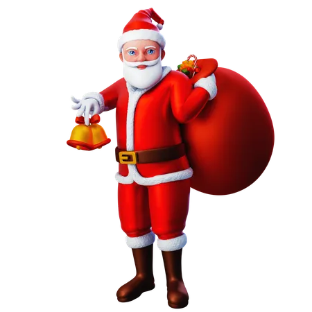 Papai Noel traz sacola de presente com sino de Natal  3D Illustration