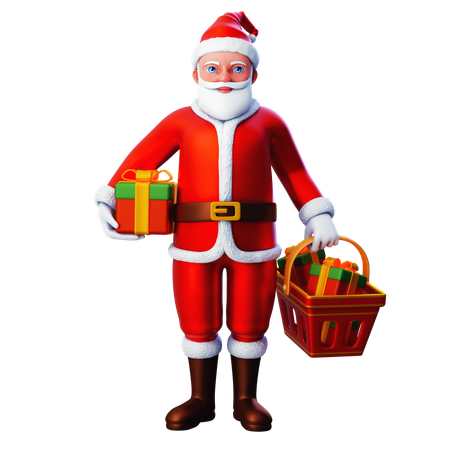 Papai Noel traz caixa de presente e balde de compras  3D Icon
