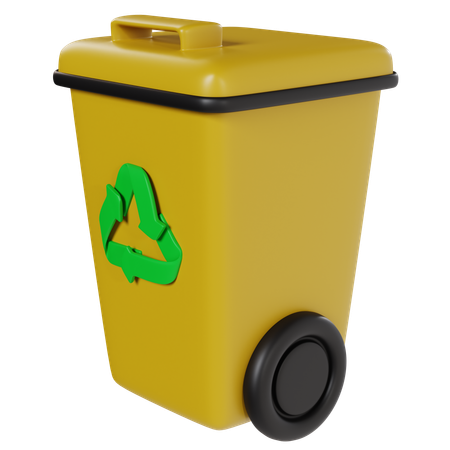 Papelera de reciclaje amarilla con logo verde.  3D Icon